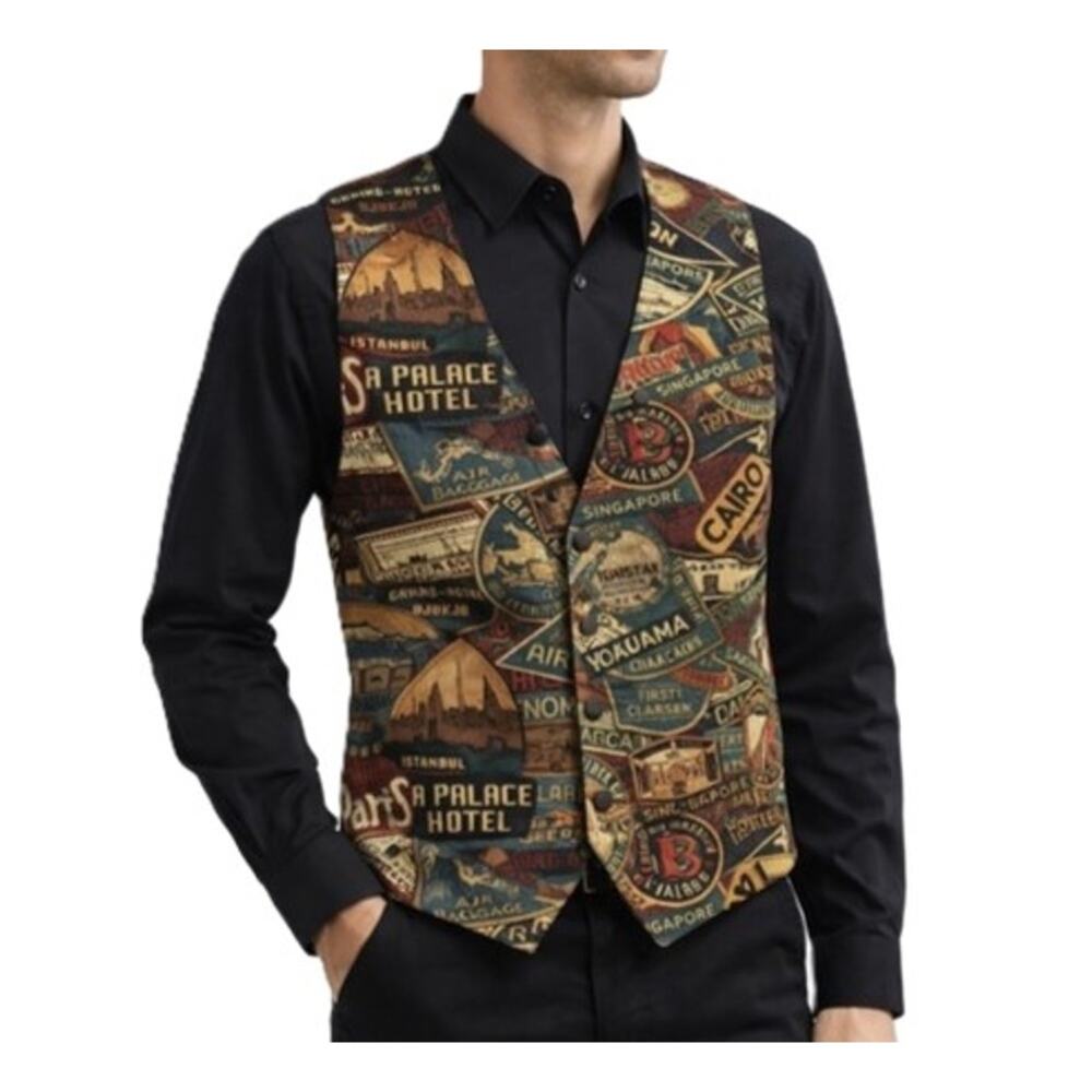 Lattitudes Vest Mens Size XL Graphic Black Multi Art Streetwear Boho 90s Arts